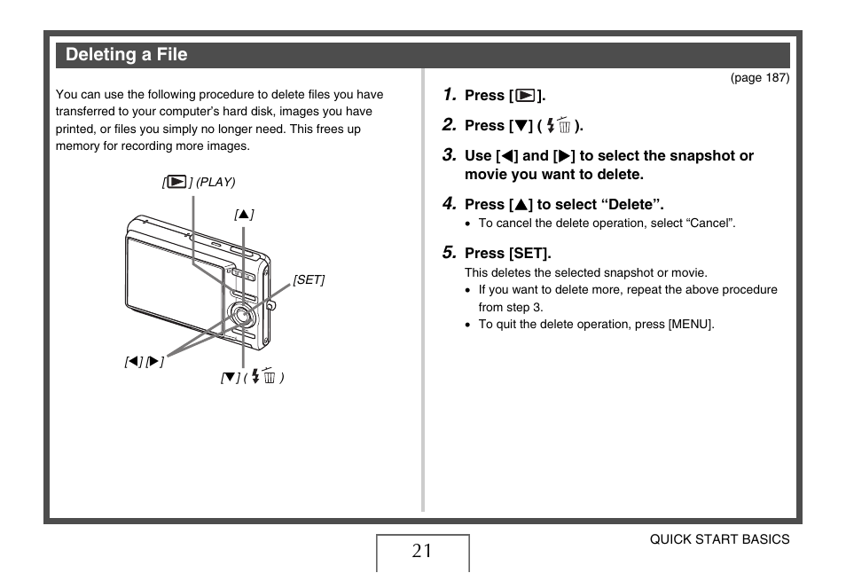 Deleting a file | Casio EXILIM EX-Z77 User Manual | Page 21 / 265