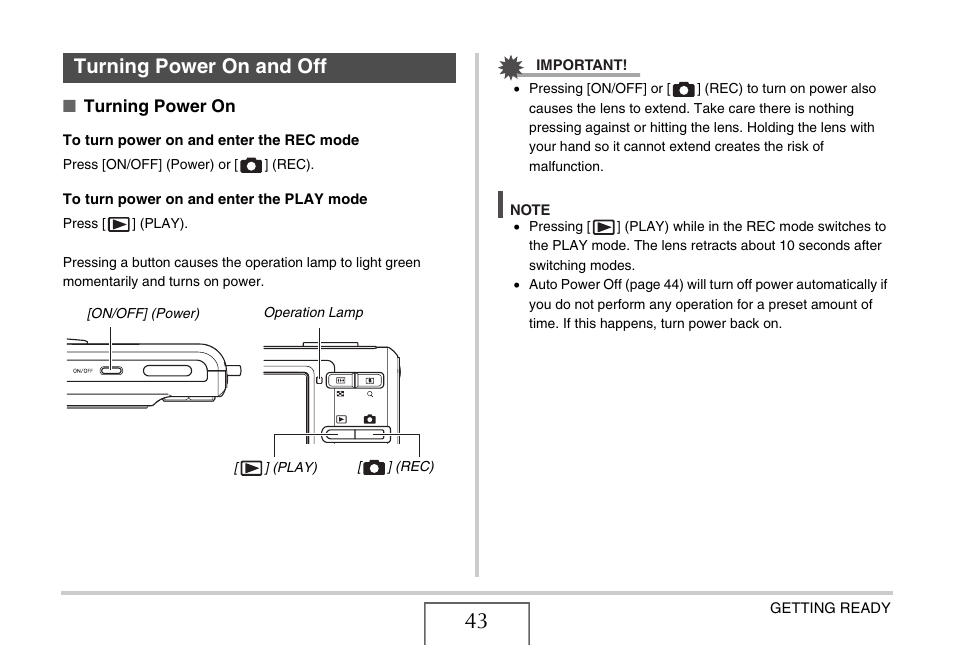 Turning power on and off | Casio EXILIM EX-Z77 User Manual | Page 43 / 265