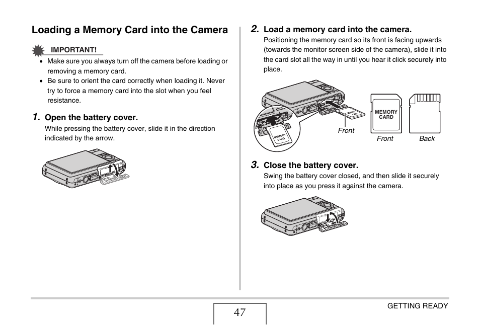 Loading a memory card into the camera | Casio EXILIM EX-Z77 User Manual | Page 47 / 265