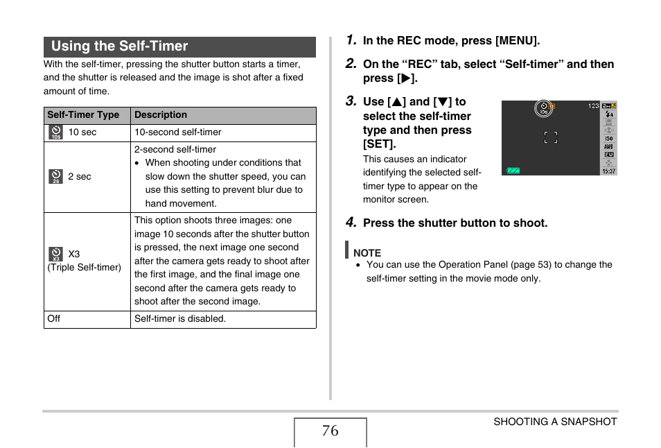 Using the self-timer | Casio EXILIM EX-Z77 User Manual | Page 76 / 265