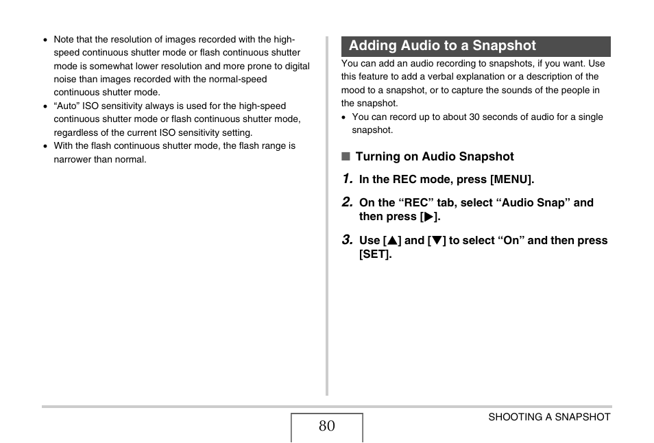Adding audio to a snapshot | Casio EXILIM EX-Z77 User Manual | Page 80 / 265