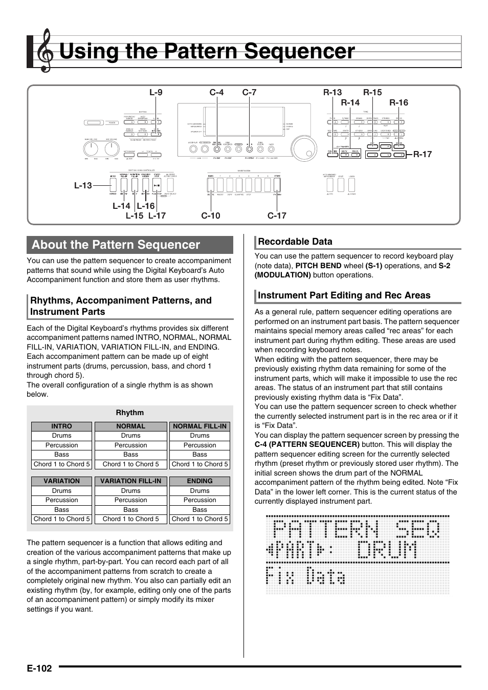 Using the pattern sequencer, About the pattern sequencer, E-102 | Casio CTK-7000 User Manual | Page 104 / 168