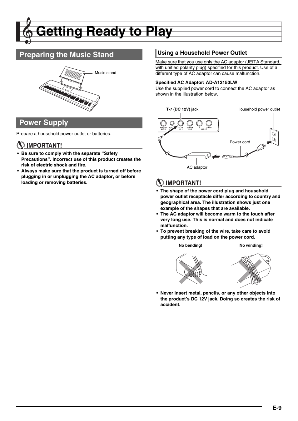 Getting ready to play, Preparing the music stand power supply | Casio CTK-7000 User Manual | Page 11 / 168