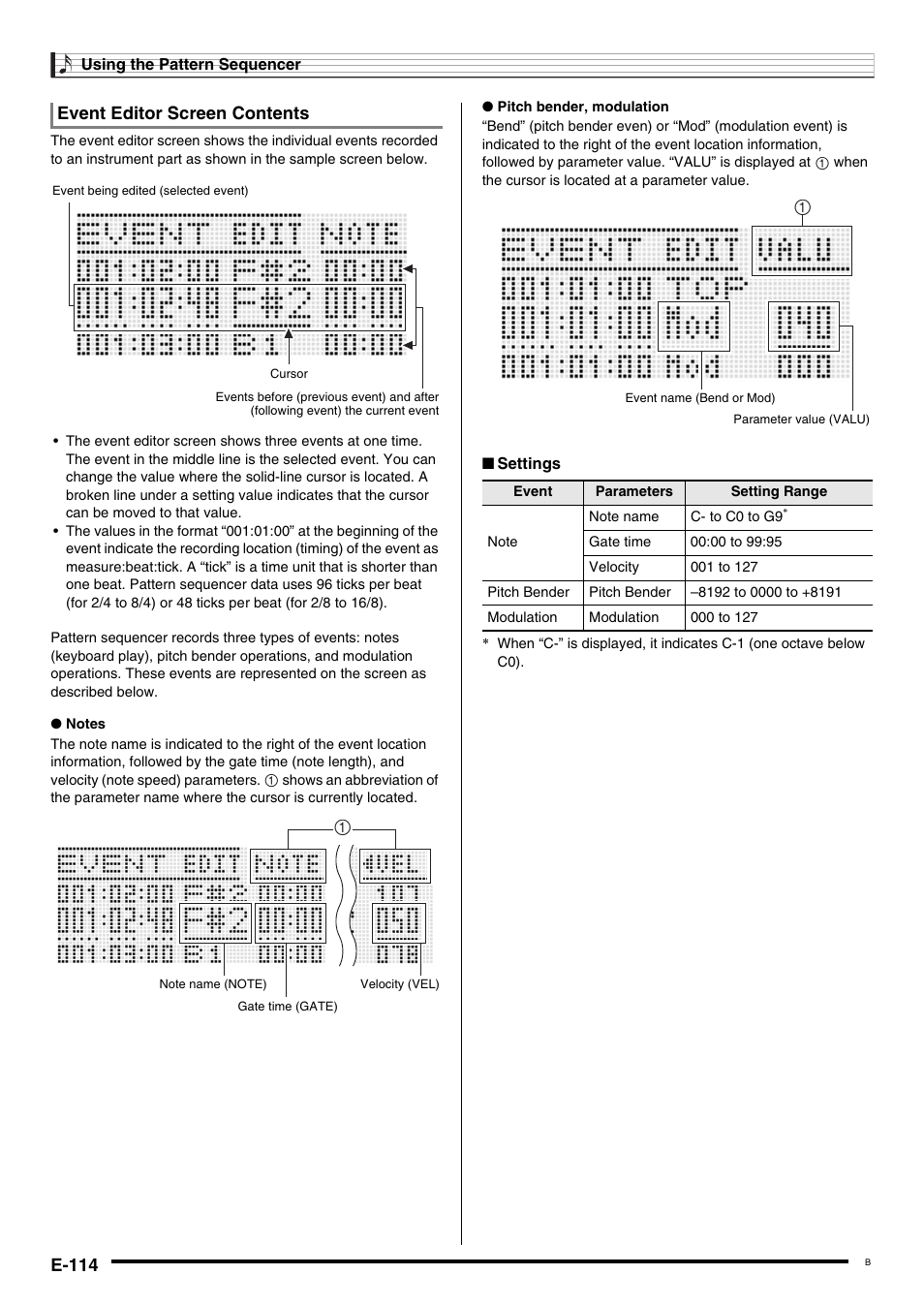 E-114, Event editor screen contents | Casio CTK-7000 User Manual | Page 116 / 168
