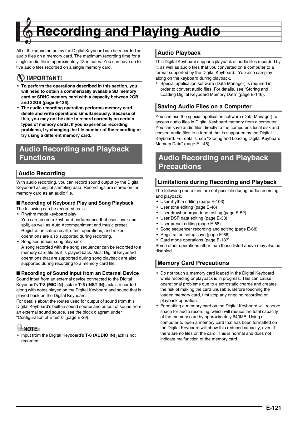 Recording and playing audio, Audio recording and playback functions, Audio recording and playback precautions | Casio CTK-7000 User Manual | Page 123 / 168