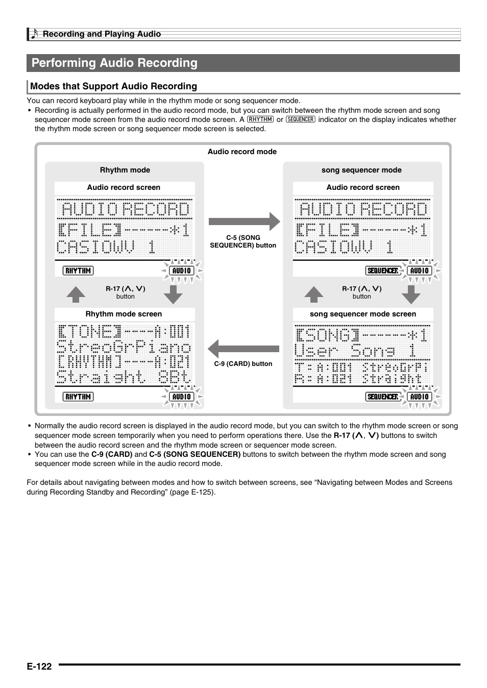 Performing audio recording, E-122, Modes that support audio recording | Casio CTK-7000 User Manual | Page 124 / 168