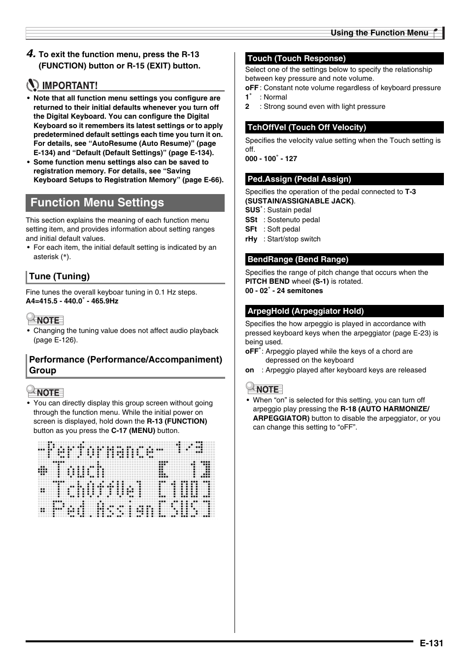 Function menu settings, E-131 | Casio CTK-7000 User Manual | Page 133 / 168