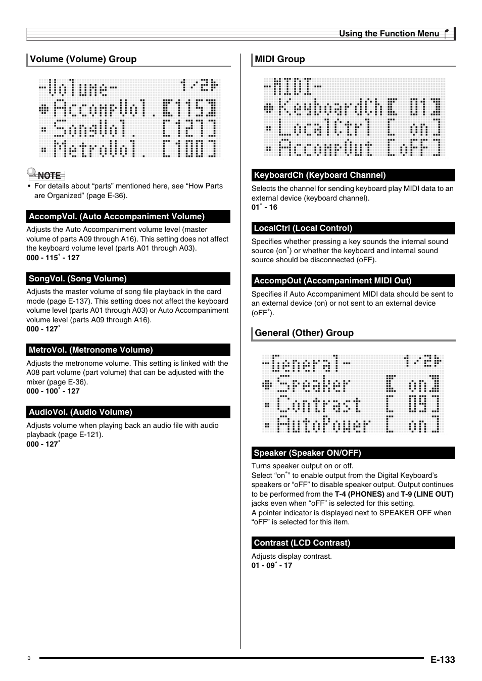 E-133, Volume (volume) group, Midi group | General (other) group | Casio CTK-7000 User Manual | Page 135 / 168