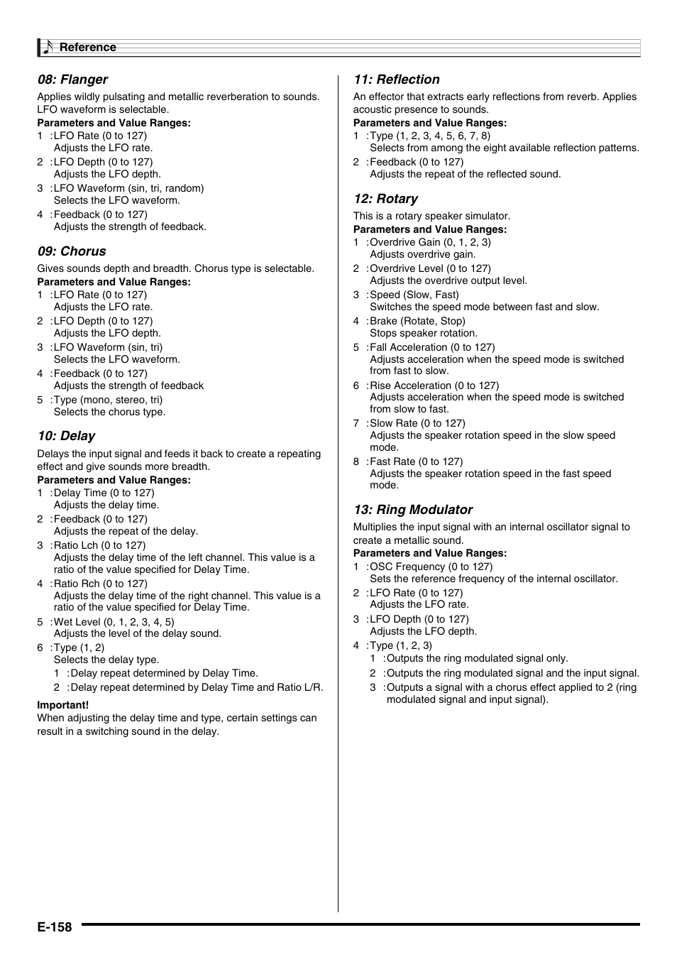 Chorus, Delay, Reflection | Rotary, Ring modulator | Casio CTK-7000 User Manual | Page 160 / 168