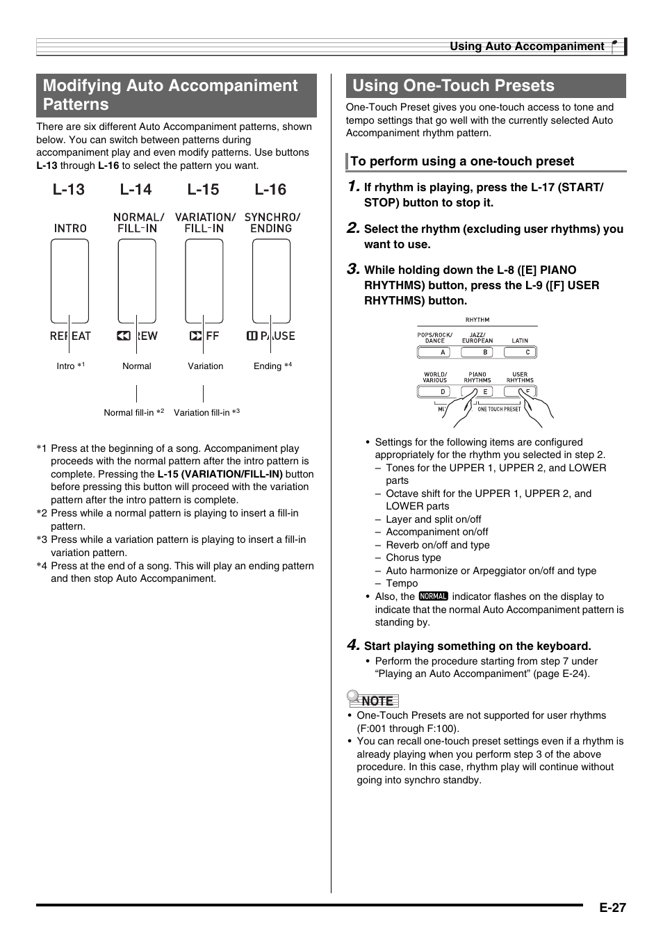 Modifying auto accompaniment patterns, Using one-touch presets, L-13 | Casio CTK-7000 User Manual | Page 29 / 168