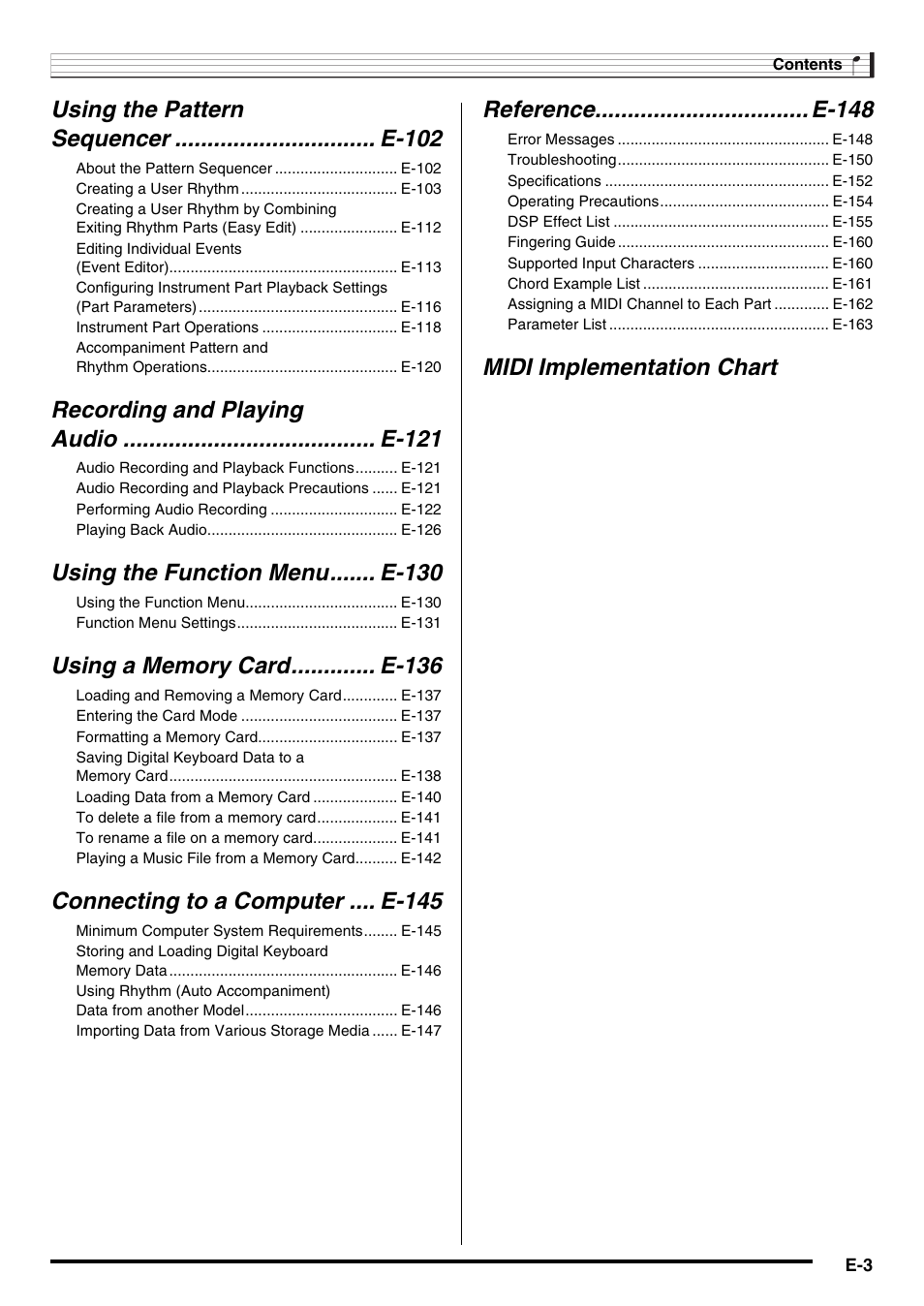 Using the function menu....... e-130, Connecting to a computer .... e-145, Reference................................. e-148 | Midi implementation chart | Casio CTK-7000 User Manual | Page 5 / 168