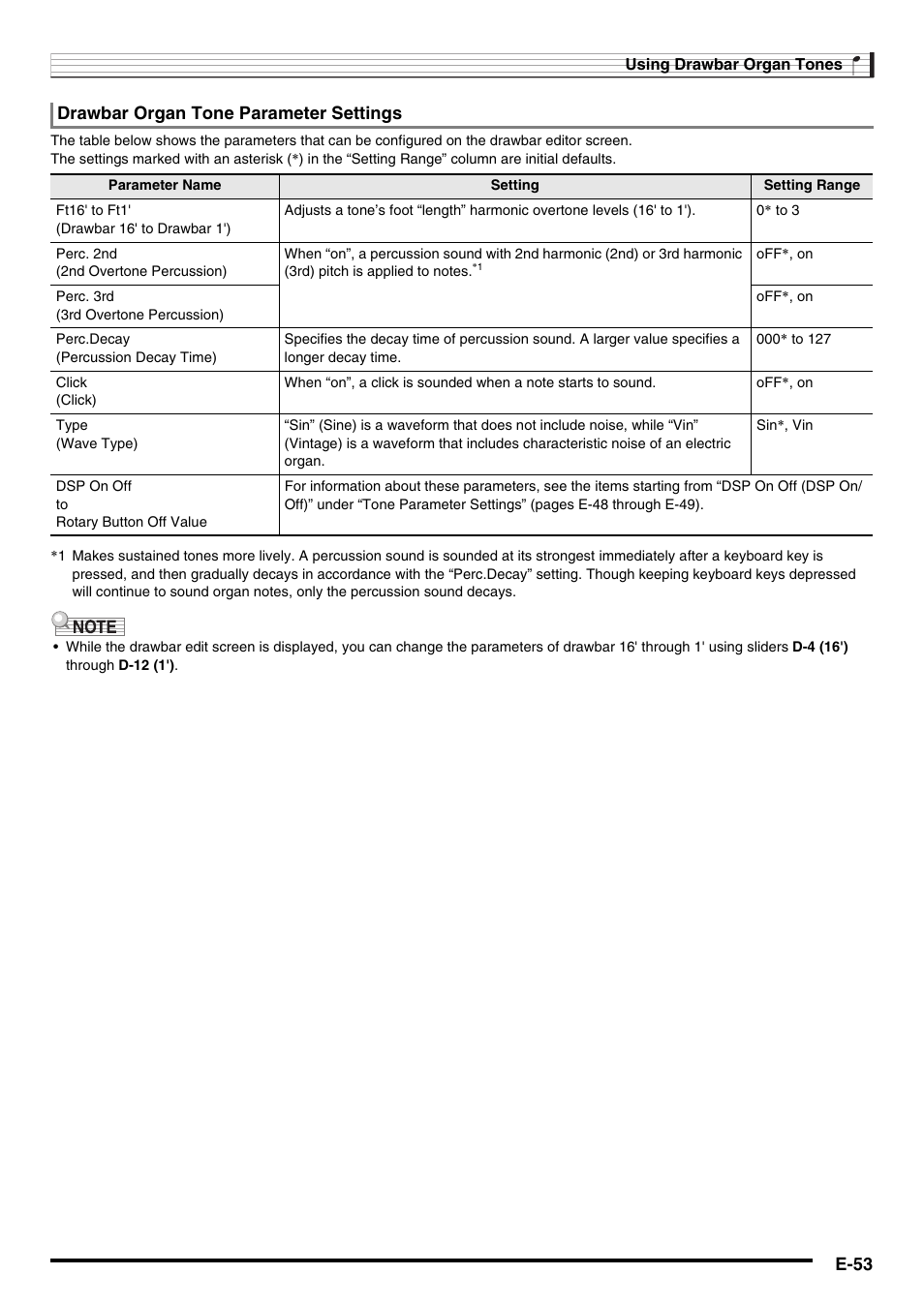 E-53, Drawbar organ tone parameter settings | Casio CTK-7000 User Manual | Page 55 / 168