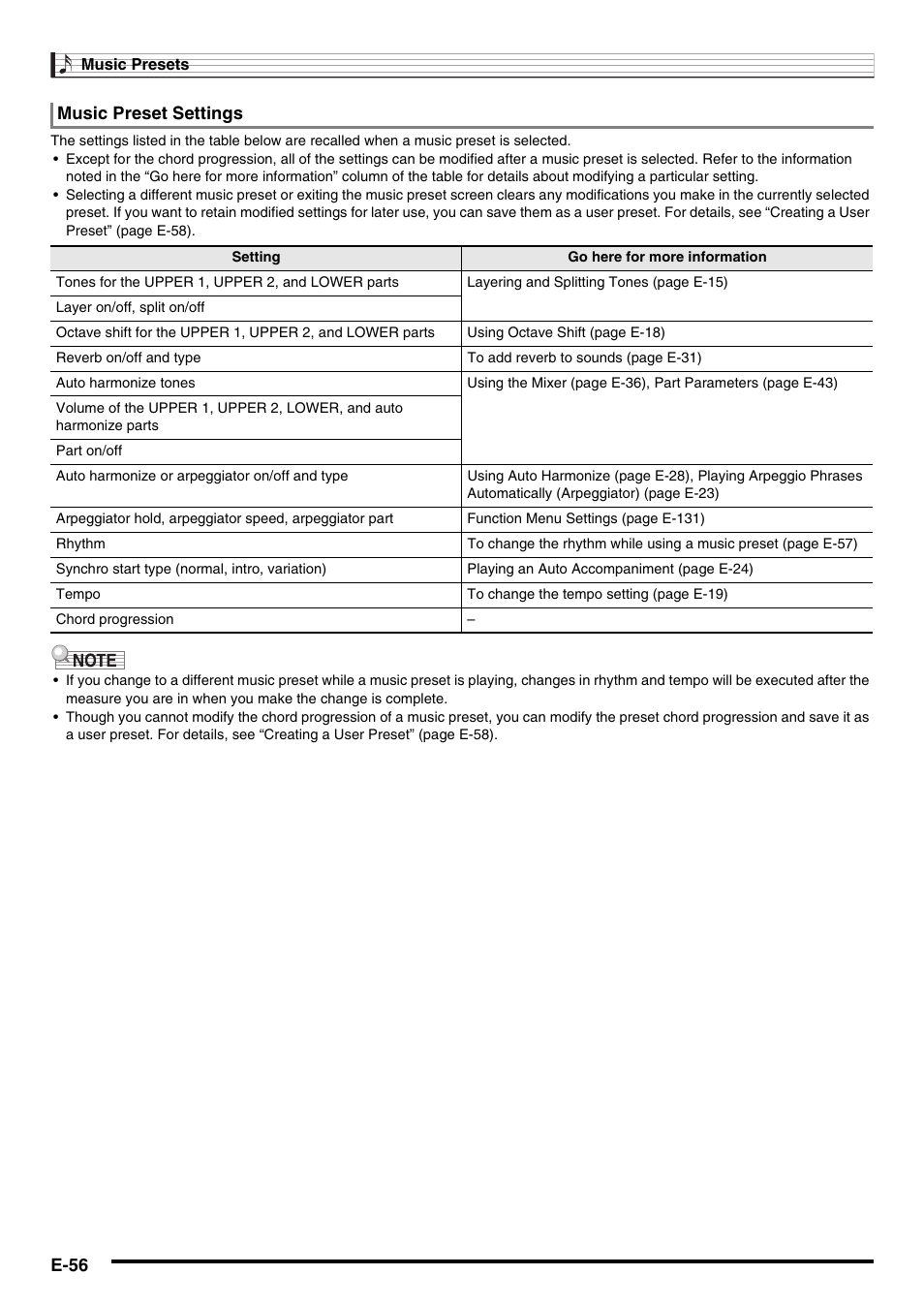 E-56, Music preset settings | Casio CTK-7000 User Manual | Page 58 / 168