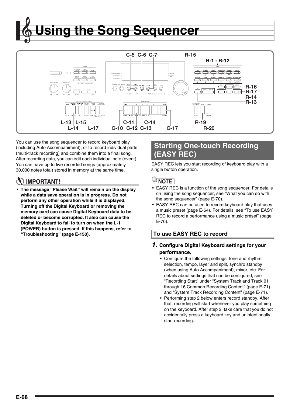 Using the song sequencer, Starting one-touch recording (easy rec) | Casio CTK-7000 User Manual | Page 70 / 168