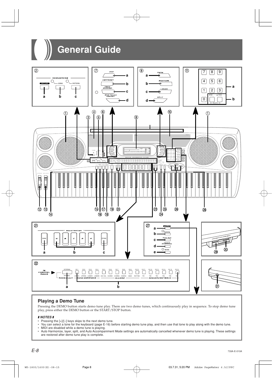 General guide, Playing a demo tune | Casio WK-1630 User Manual | Page 10 / 96