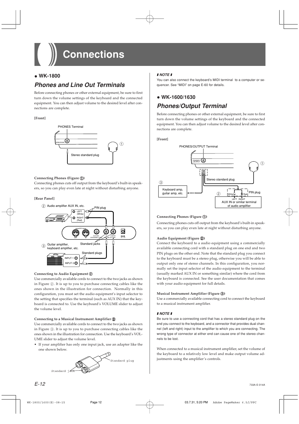 Connections, Phones and line out terminals, Phones/output terminal | E-12, Wk-1800 | Casio WK-1630 User Manual | Page 14 / 96