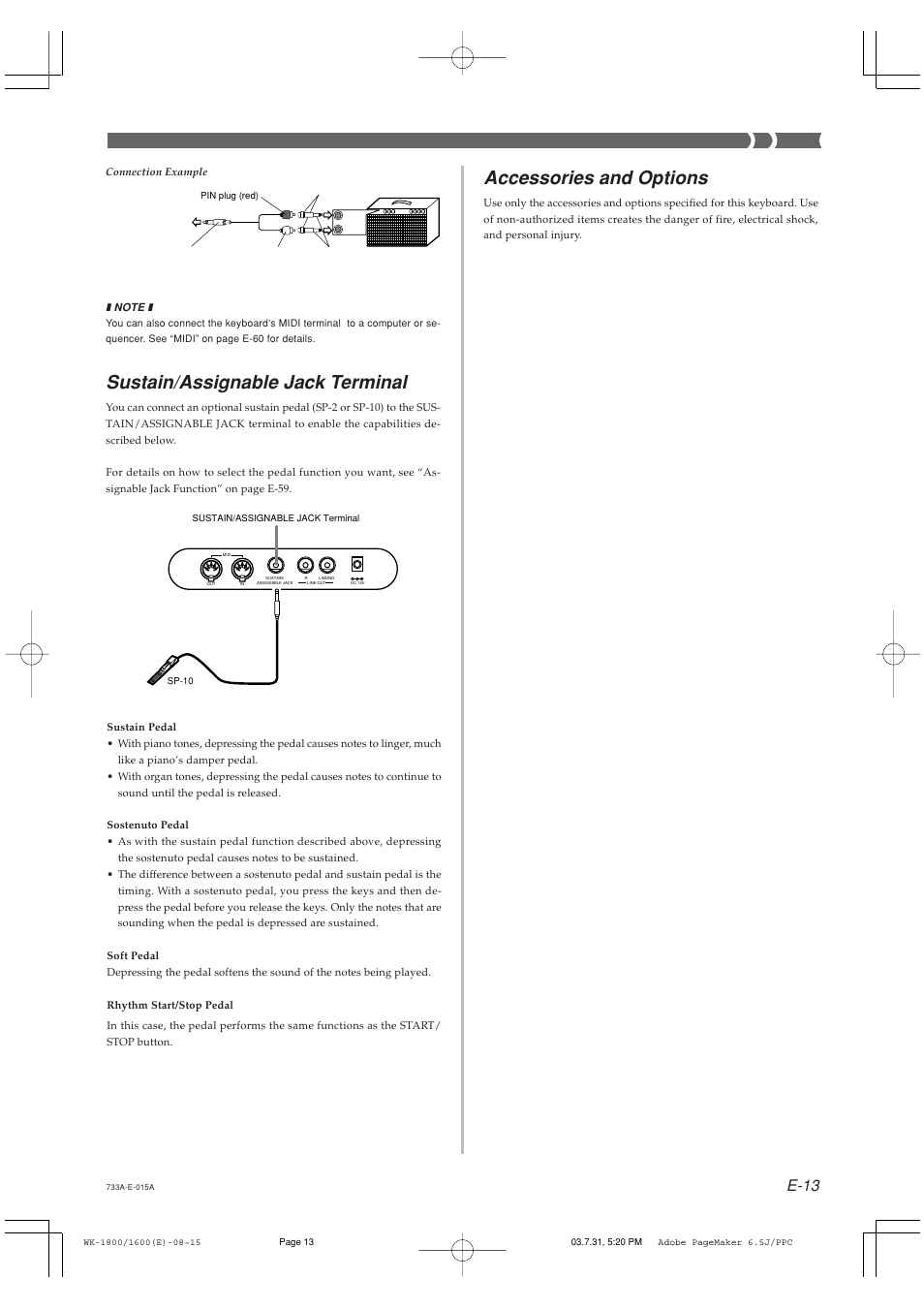 Sustain/assignable jack terminal, Accessories and options, E-13 | Casio WK-1630 User Manual | Page 15 / 96