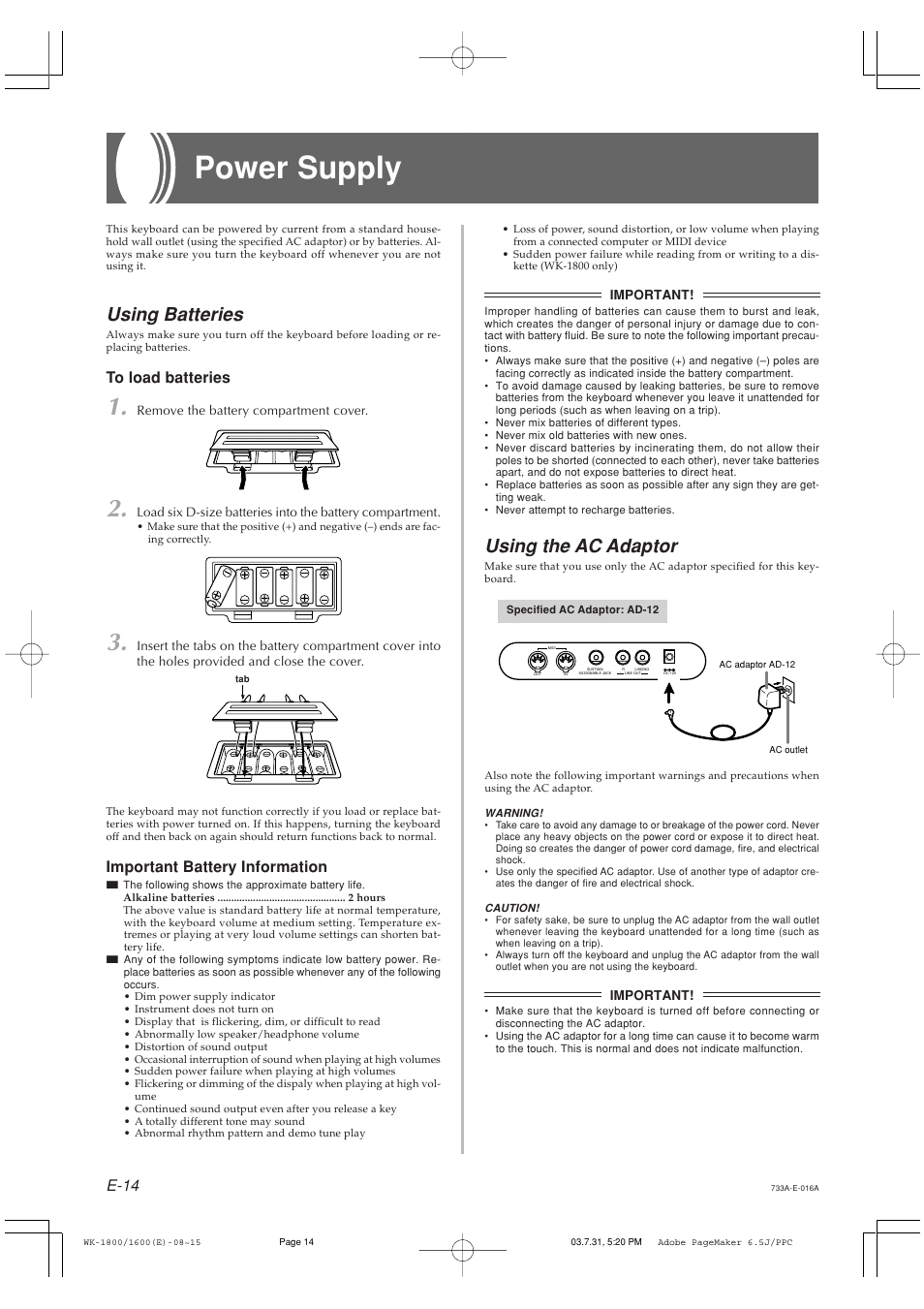 Power supply, Using batteries, Using the ac adaptor | E-14, Important battery information | Casio WK-1630 User Manual | Page 16 / 96