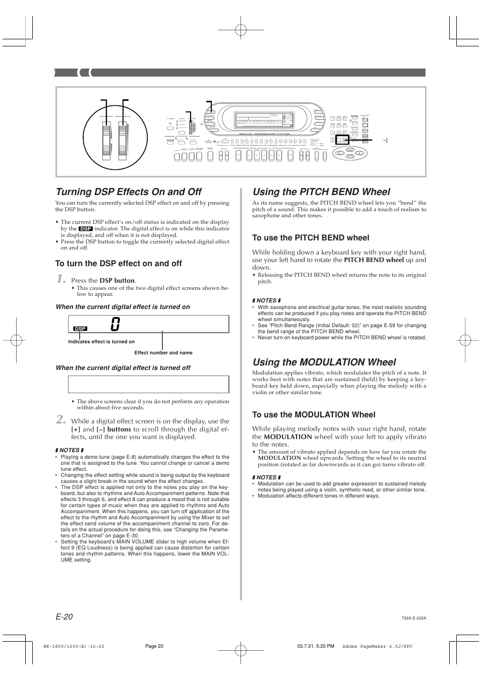 Using the pitch bend wheel, Using the modulation wheel, Turning dsp effects on and off | E-20 | Casio WK-1630 User Manual | Page 22 / 96