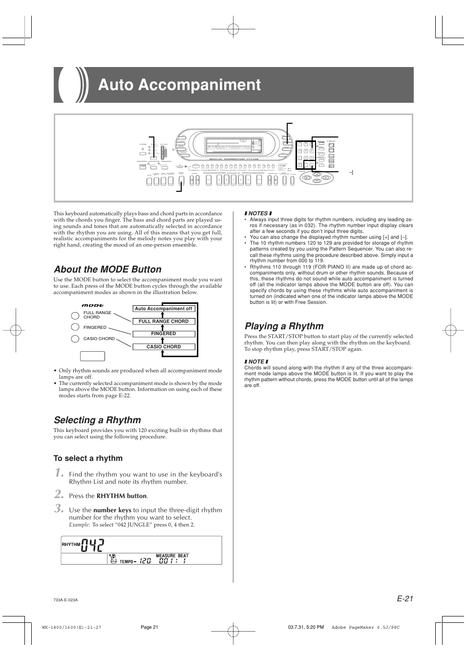 Auto accompaniment, About the mode button, Selecting a rhythm | Playing a rhythm, E-21 | Casio WK-1630 User Manual | Page 23 / 96