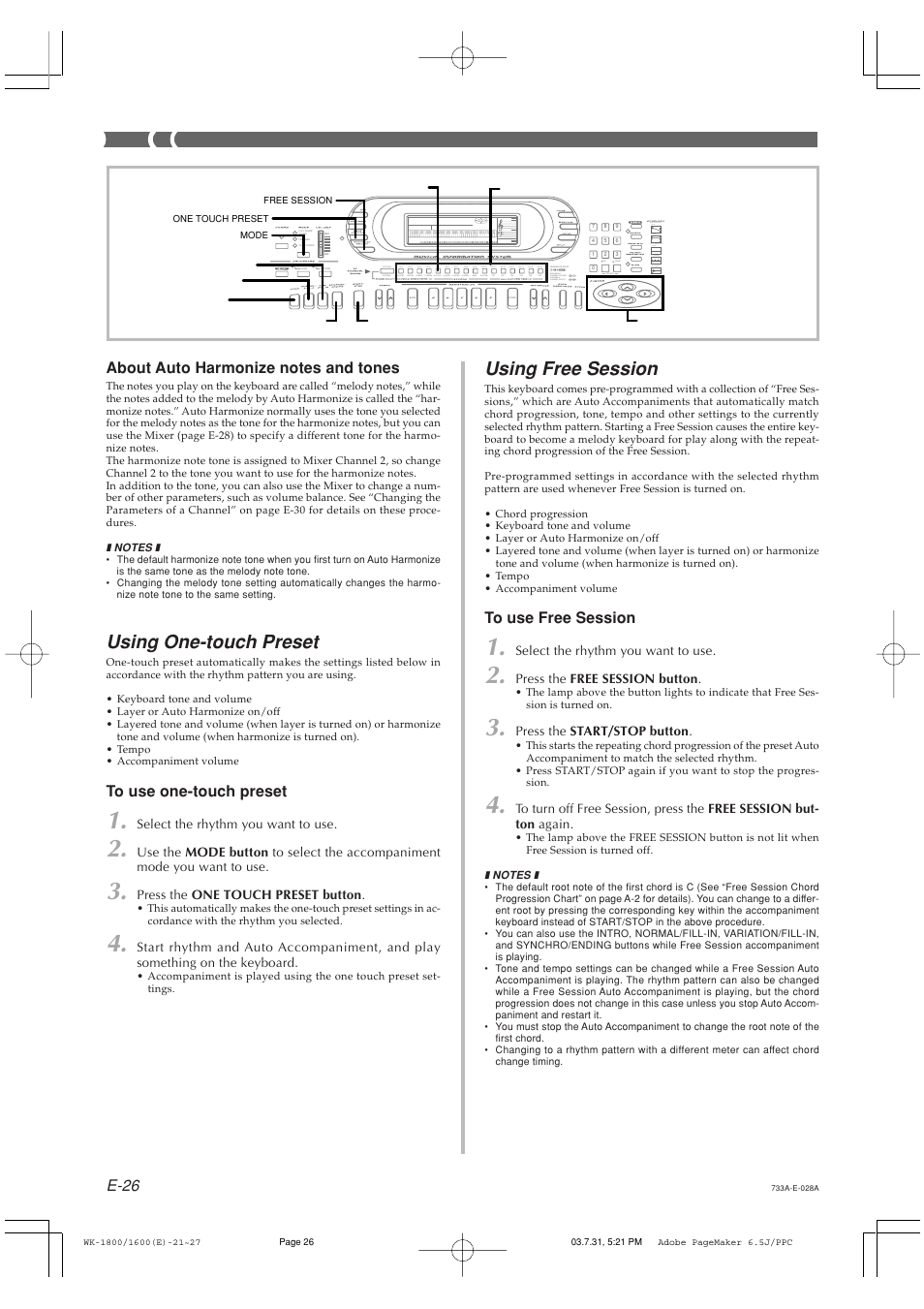 Using one-touch preset, Using free session, E-26 | Casio WK-1630 User Manual | Page 28 / 96