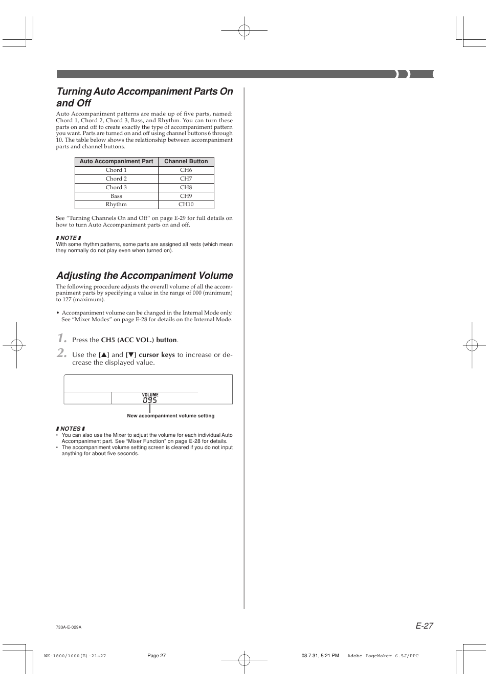 Turning auto accompaniment parts on and off, Adjusting the accompaniment volume, E-27 | Casio WK-1630 User Manual | Page 29 / 96