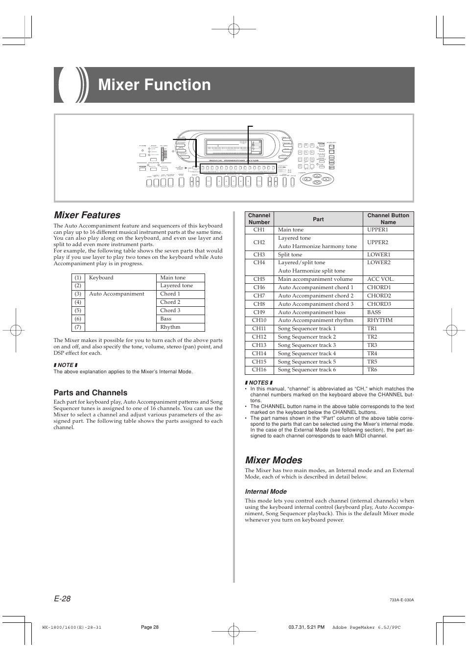 Mixer function, Mixer features, Mixer modes | E-28, Parts and channels | Casio WK-1630 User Manual | Page 30 / 96