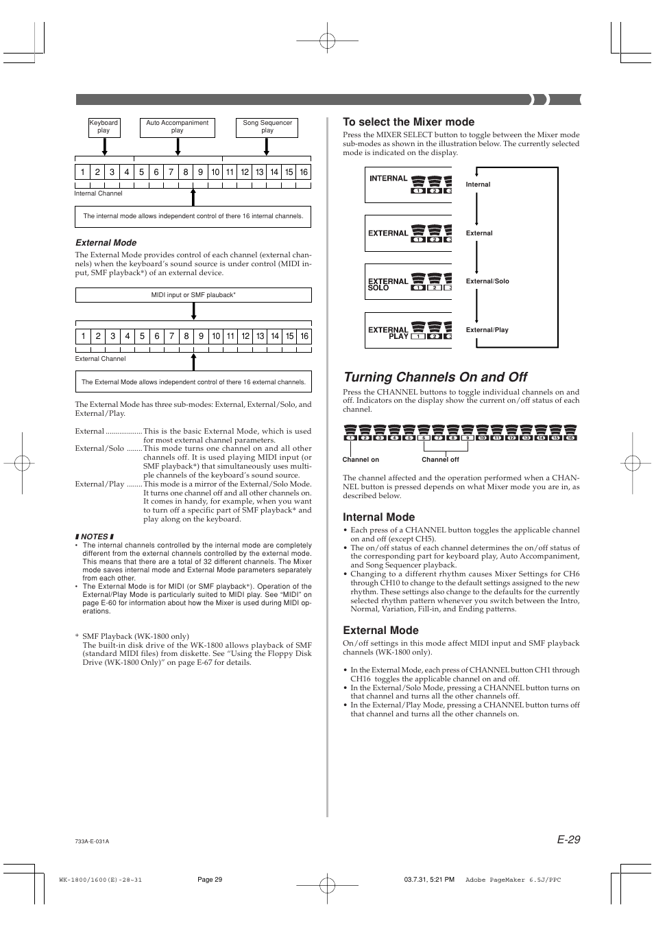 Turning channels on and off, E-29, Internal mode | External mode | Casio WK-1630 User Manual | Page 31 / 96