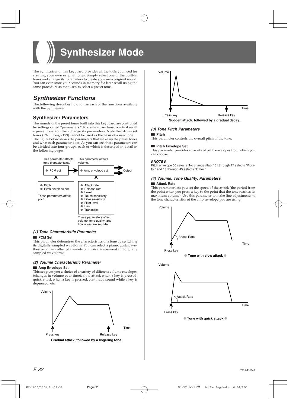 Synthesizer mode, Synthesizer functions, E-32 | Synthesizer parameters | Casio WK-1630 User Manual | Page 34 / 96