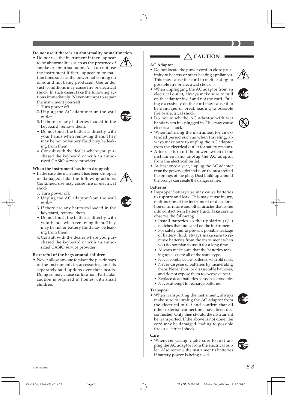 Caution | Casio WK-1630 User Manual | Page 5 / 96