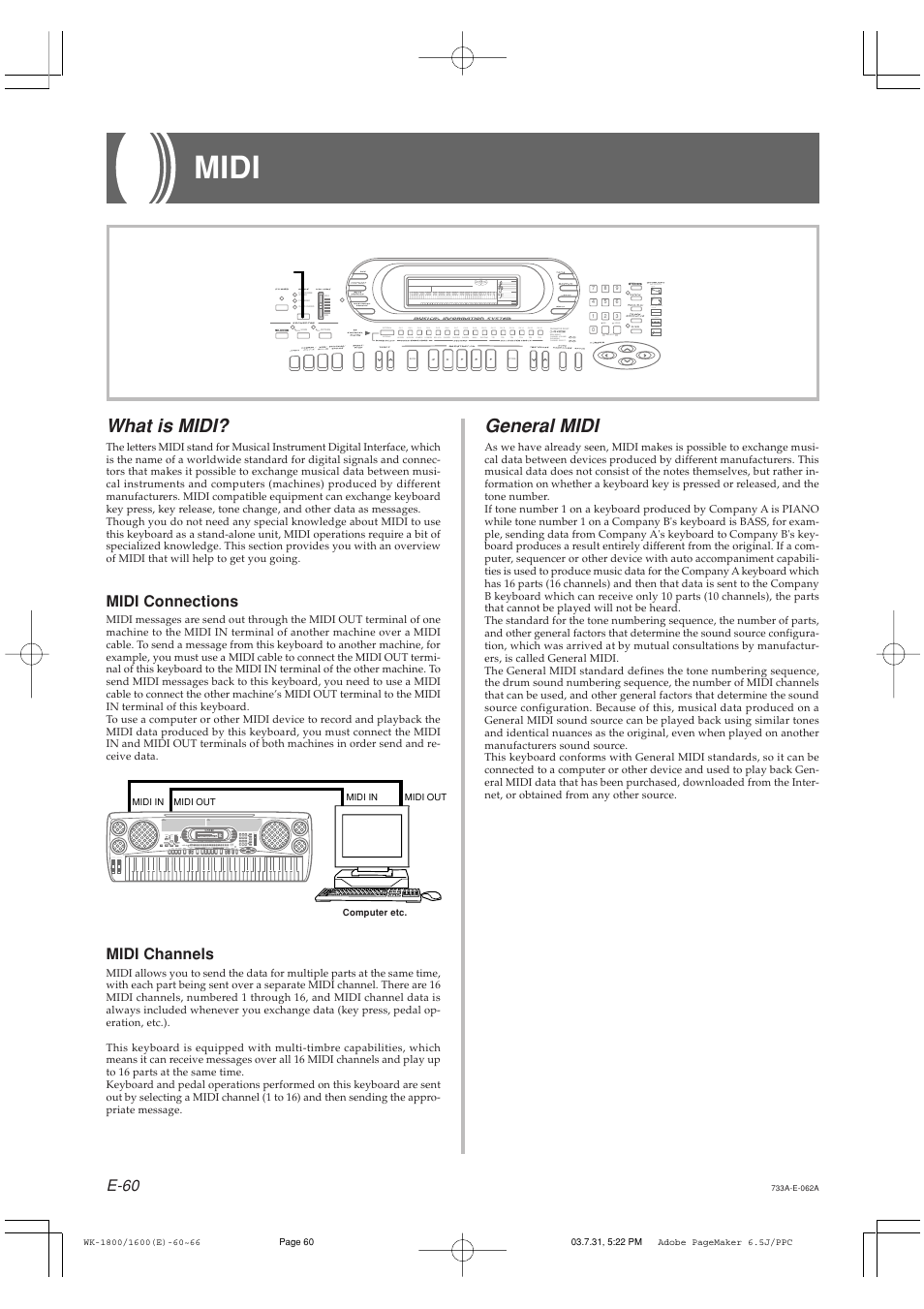 Midi, What is midi, General midi | E-60, Midi connections, Midi channels | Casio WK-1630 User Manual | Page 62 / 96
