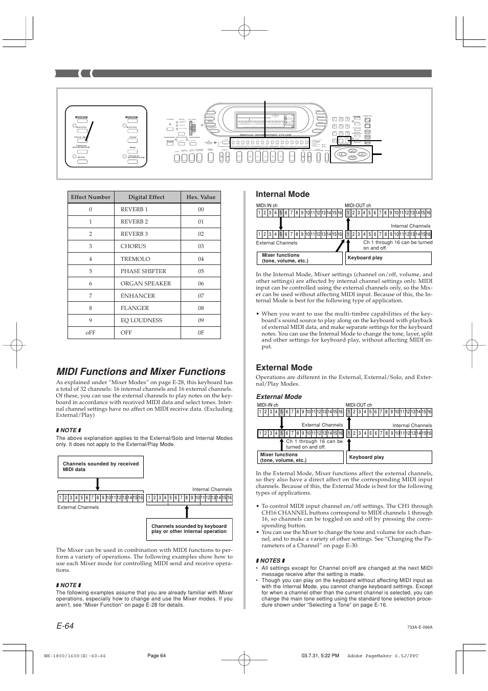 Midi functions and mixer functions, E-64, External mode | Internal mode | Casio WK-1630 User Manual | Page 66 / 96