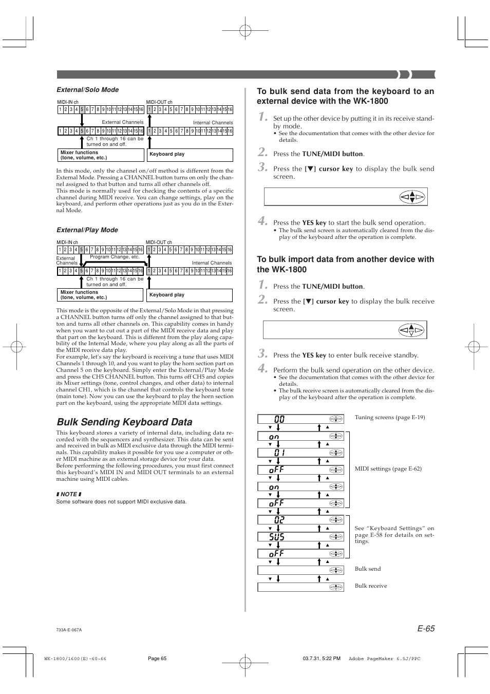 Bulk sending keyboard data, E-65 | Casio WK-1630 User Manual | Page 67 / 96