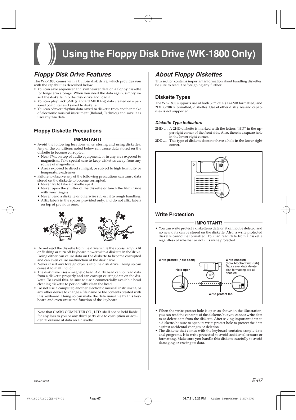 Using the floppy disk drive (wk-1800 only), Floppy disk drive features, About floppy diskettes | E-67, Write protection, Floppy diskette precautions, Diskette types | Casio WK-1630 User Manual | Page 69 / 96