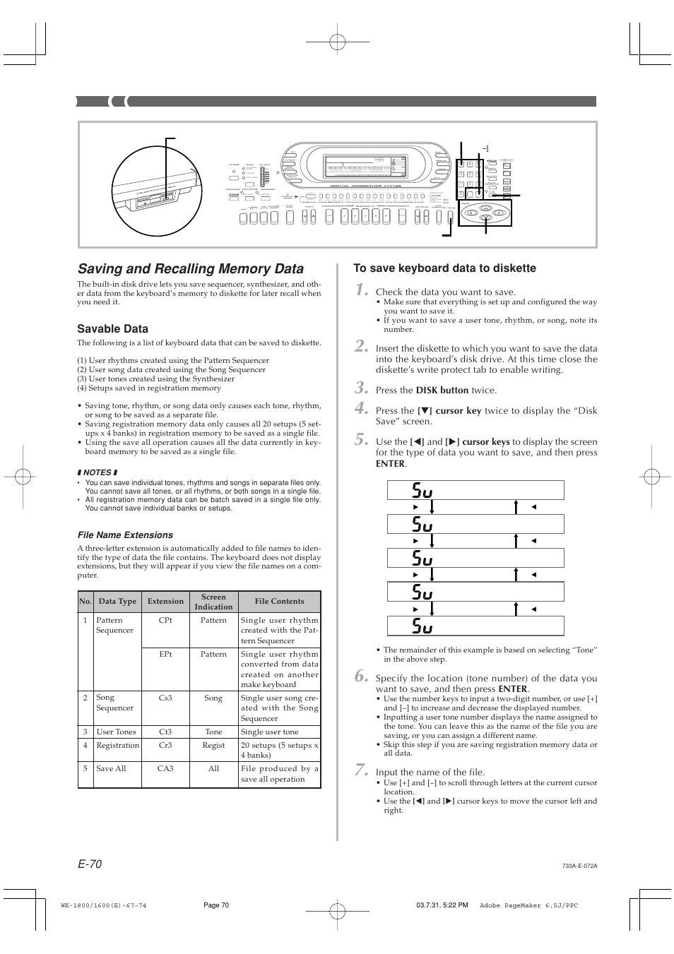 E-70, Savable data | Casio WK-1630 User Manual | Page 72 / 96