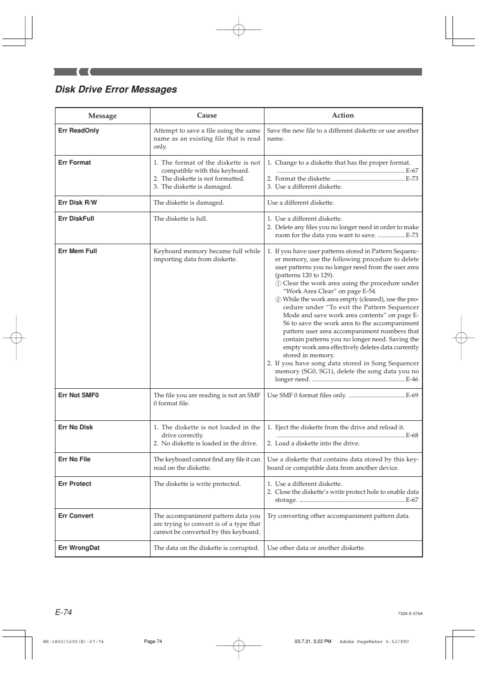 Disk drive error messages, E-74 | Casio WK-1630 User Manual | Page 76 / 96