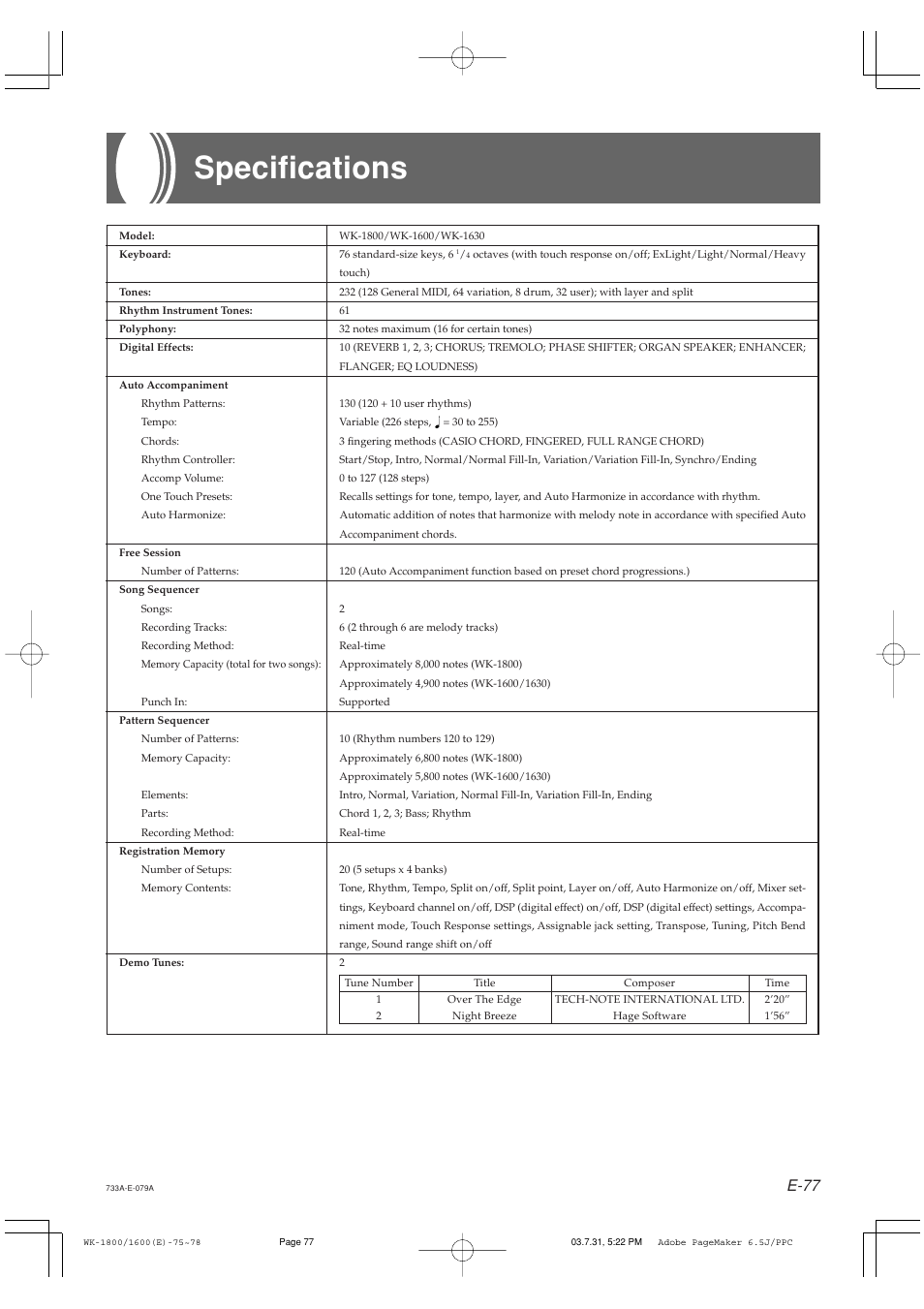 Specifications, E-77 | Casio WK-1630 User Manual | Page 79 / 96