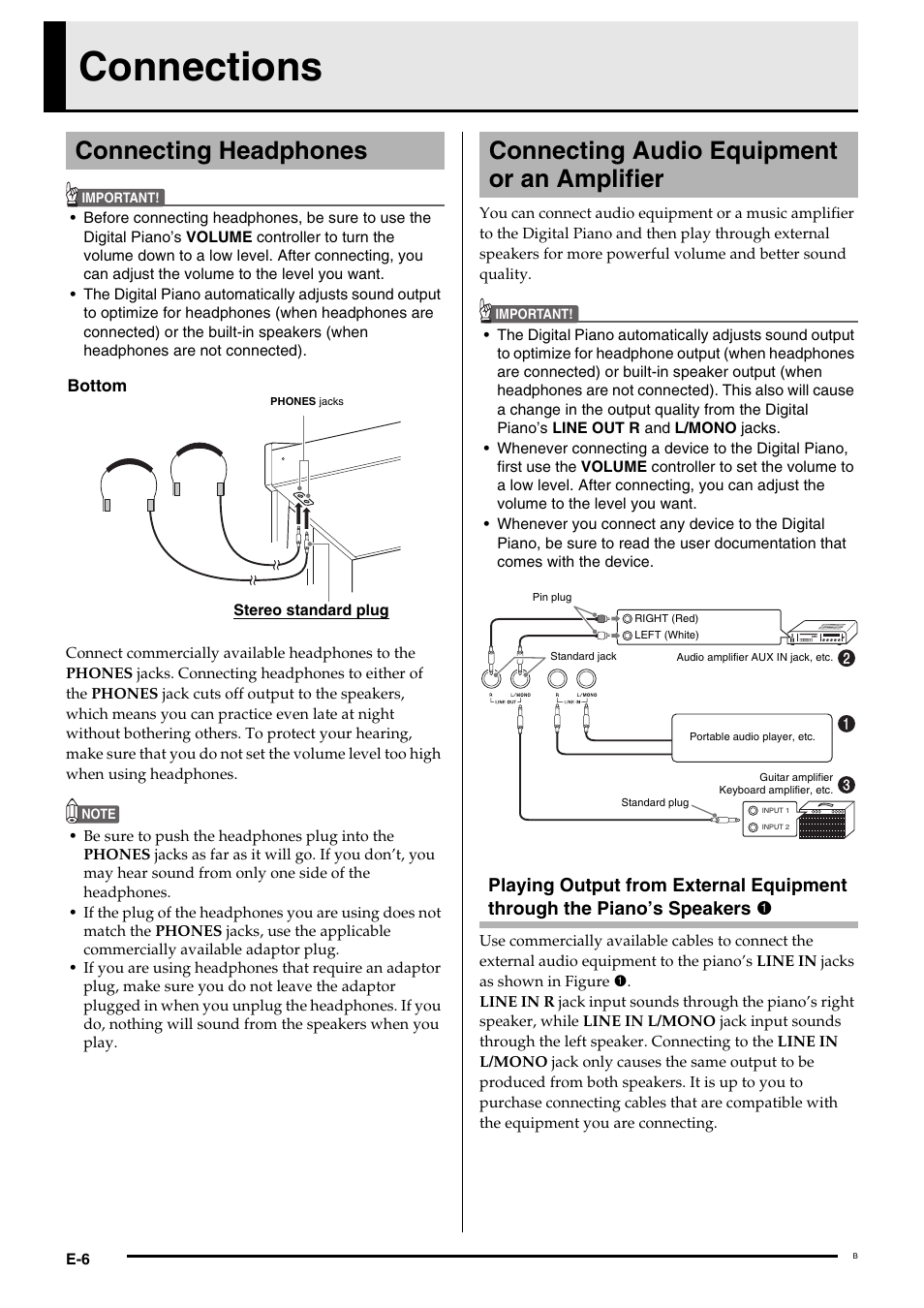 Connections, Connecting headphones, Connecting audio equipment or an amplifier | Casio Celviano 6ES1A User Manual | Page 10 / 79