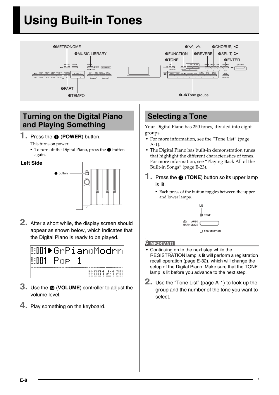 Using built-in tones, Turning on the digital piano and playing something, Selecting a tone | Casio Celviano 6ES1A User Manual | Page 12 / 79