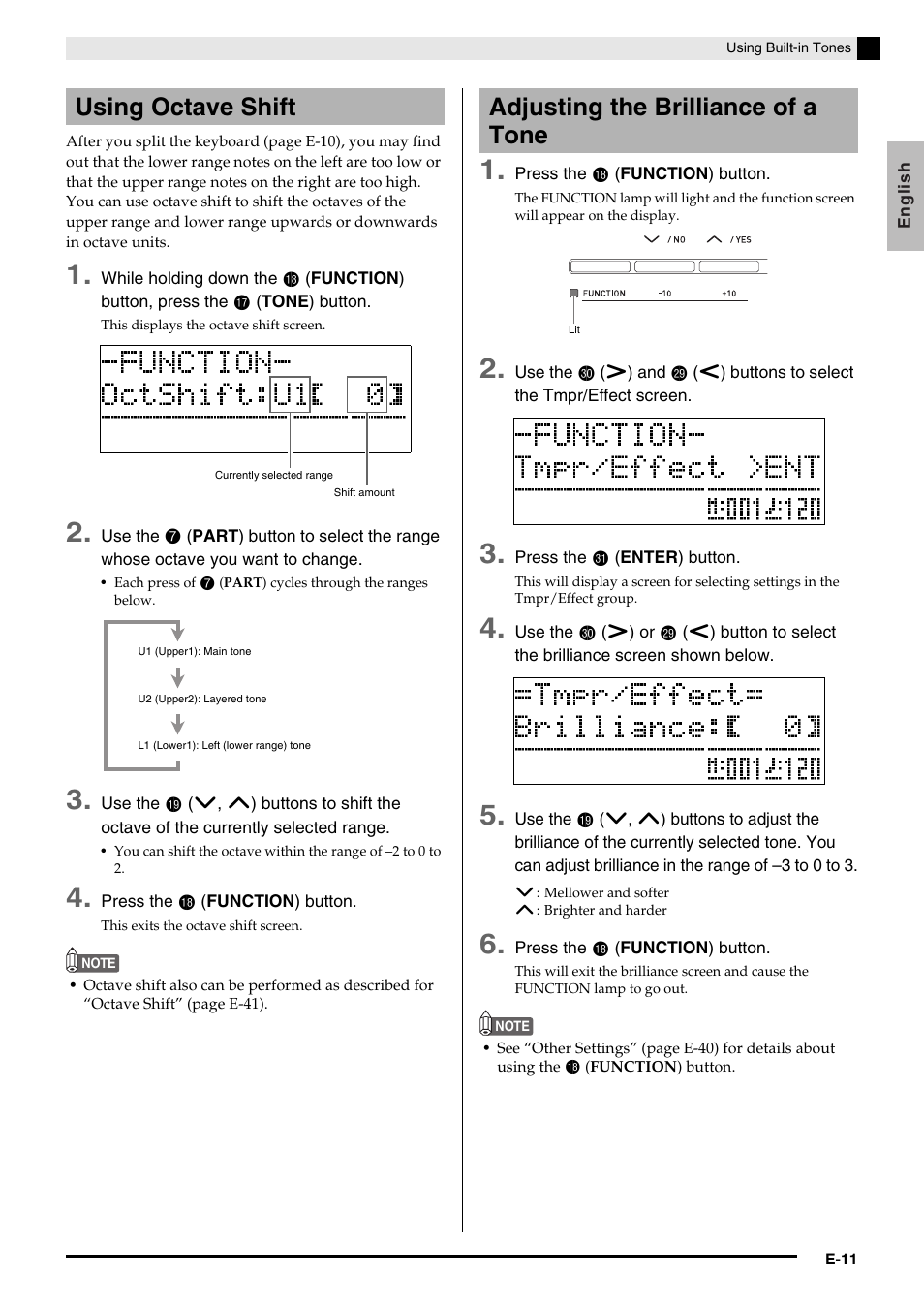 Using octave shift, Adjusting the brilliance of a tone | Casio Celviano 6ES1A User Manual | Page 15 / 79