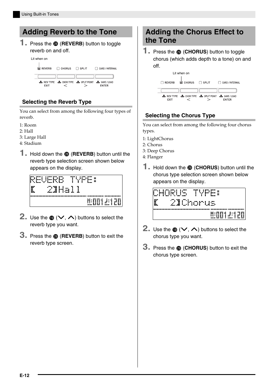 Adding reverb to the tone, Adding the chorus effect to the tone | Casio Celviano 6ES1A User Manual | Page 16 / 79