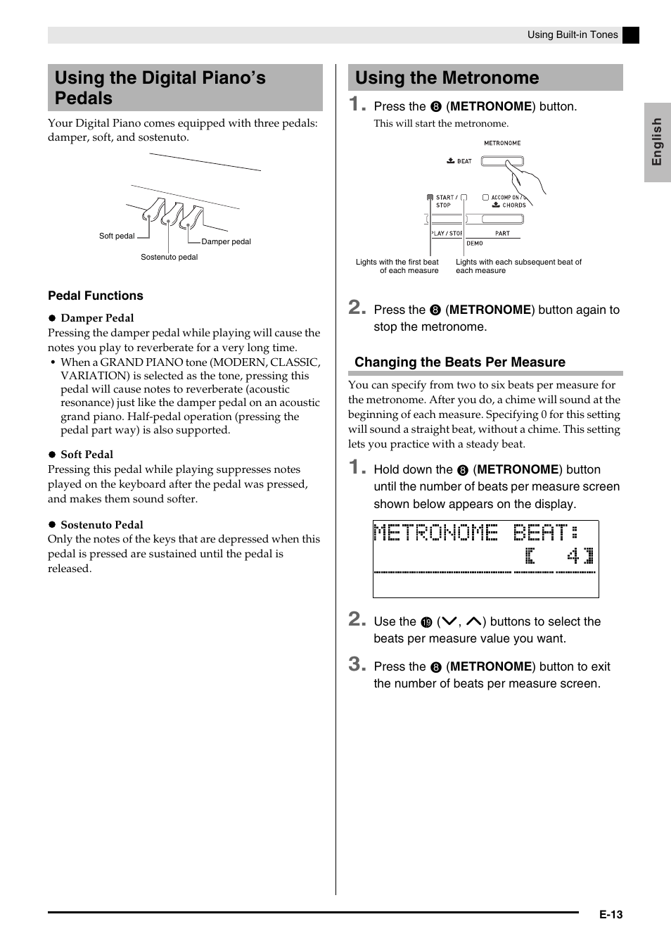 Using the digital piano’s pedals, Using the metronome | Casio Celviano 6ES1A User Manual | Page 17 / 79