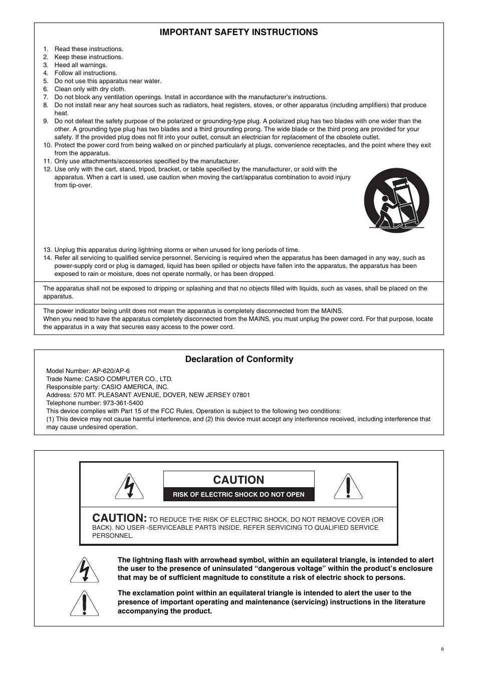 Caution, Important safety instructions, Declaration of conformity | Casio Celviano 6ES1A User Manual | Page 2 / 79