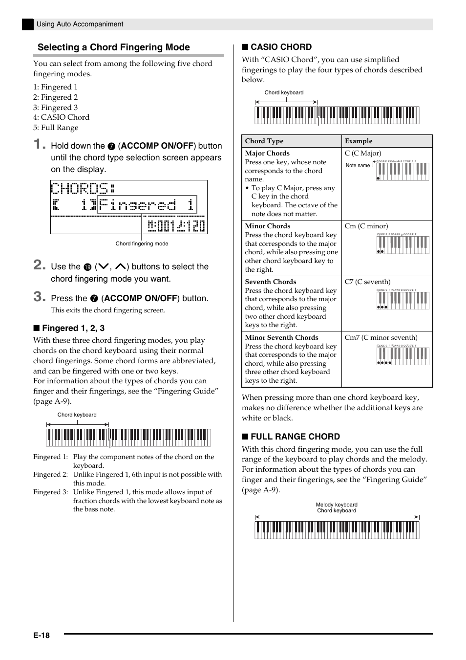 Selecting a chord fingering mode, Hold down the, Use the | Press the, Accomp on/off ) button, Fingered 1, 2, 3, Casio chord, Full range chord, E-18, Using auto accompaniment | Casio Celviano 6ES1A User Manual | Page 22 / 79