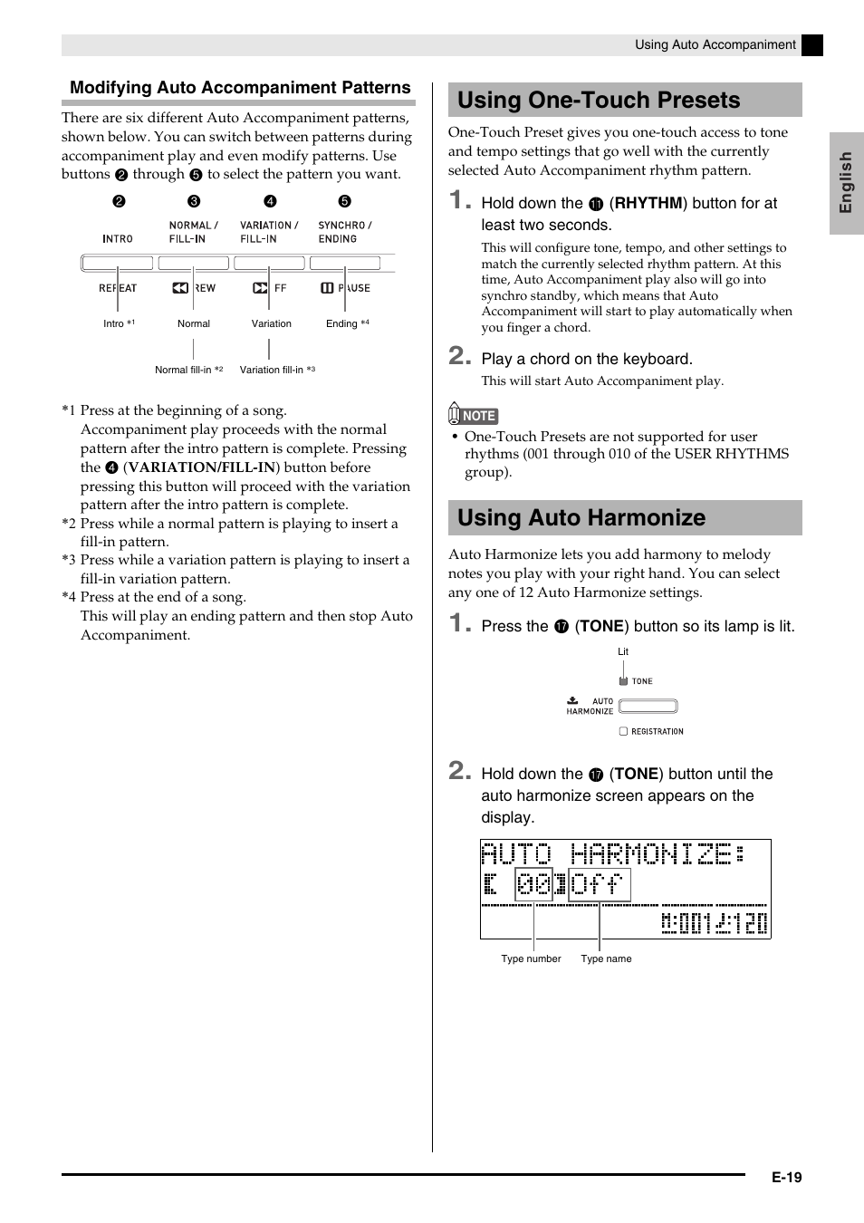 Using one-touch presets using auto harmonize | Casio Celviano 6ES1A User Manual | Page 23 / 79