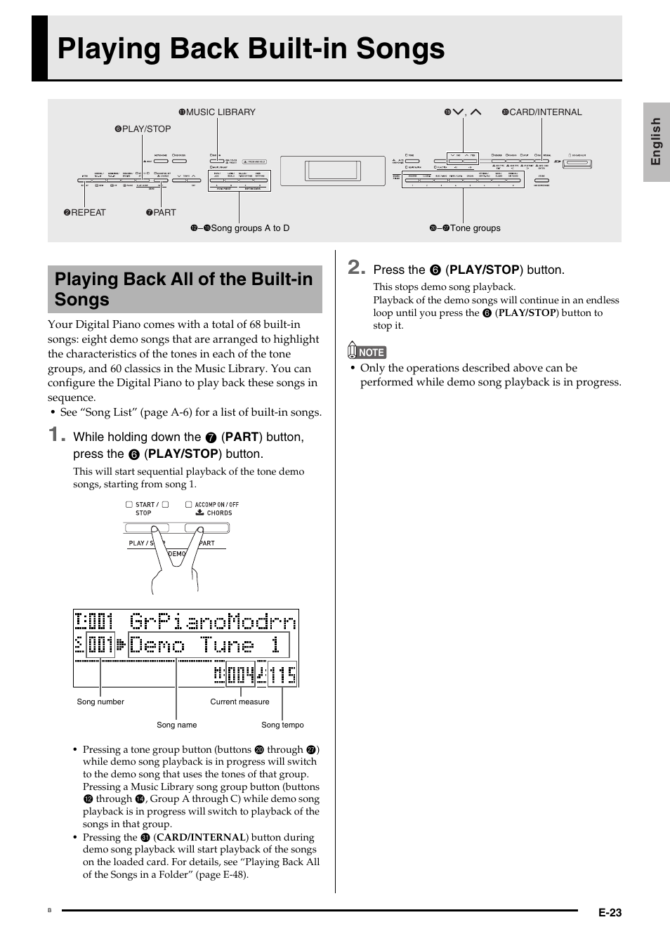 Playing back built-in songs, Playing back all of the built-in songs | Casio Celviano 6ES1A User Manual | Page 27 / 79