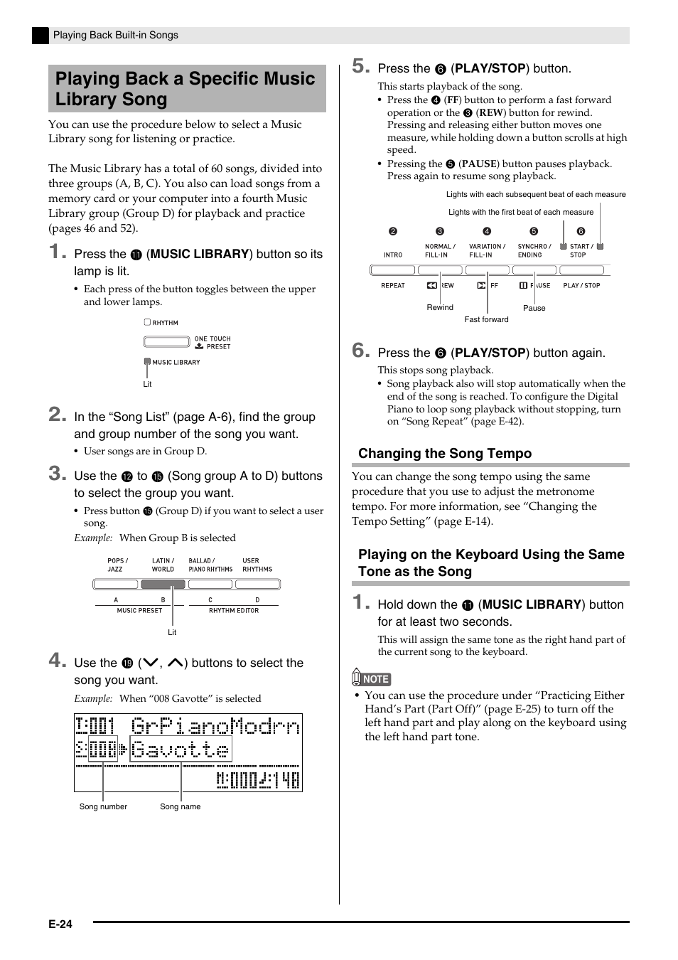 Playing back a specific music library song | Casio Celviano 6ES1A User Manual | Page 28 / 79