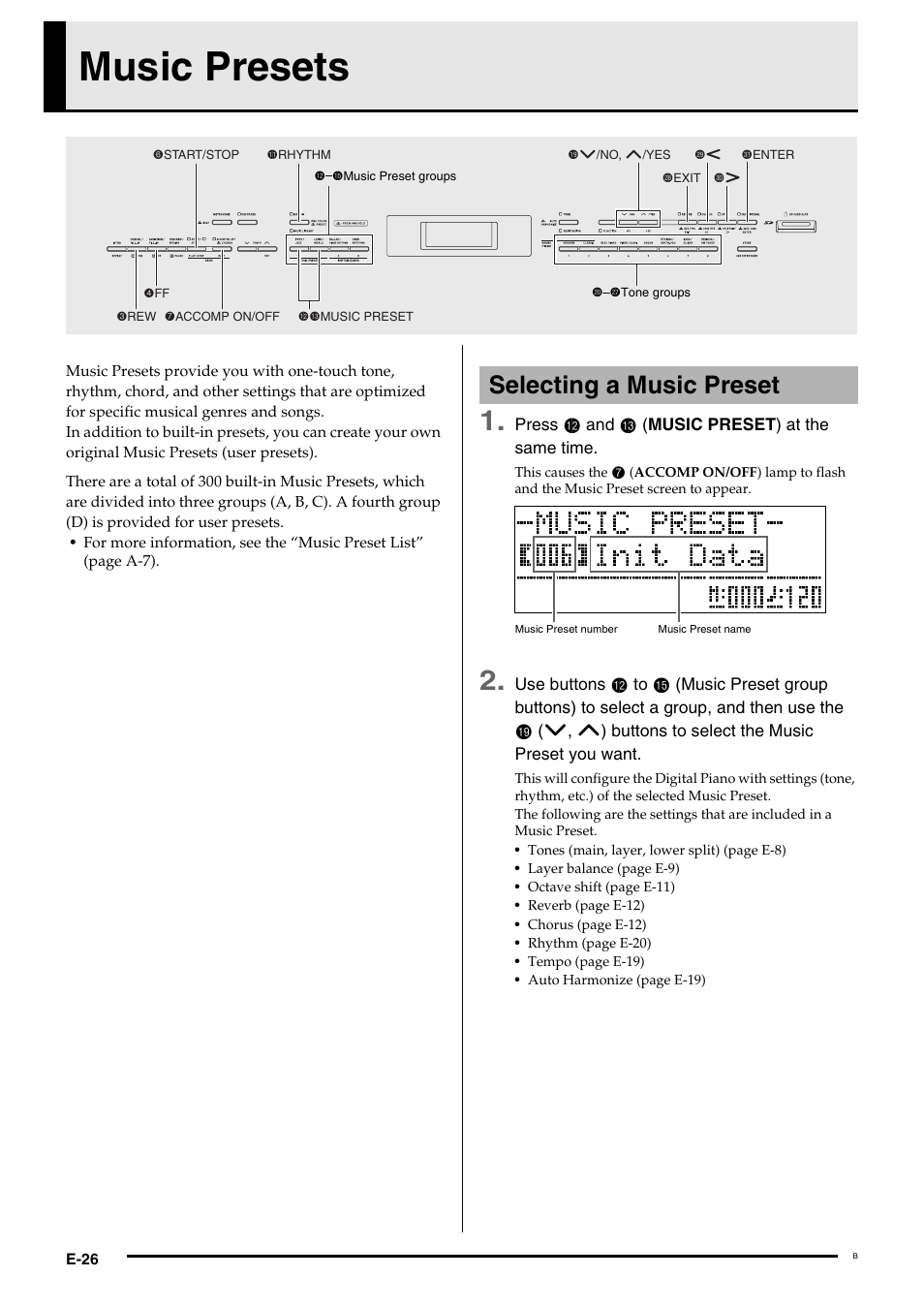 Music presets, Selecting a music preset | Casio Celviano 6ES1A User Manual | Page 30 / 79