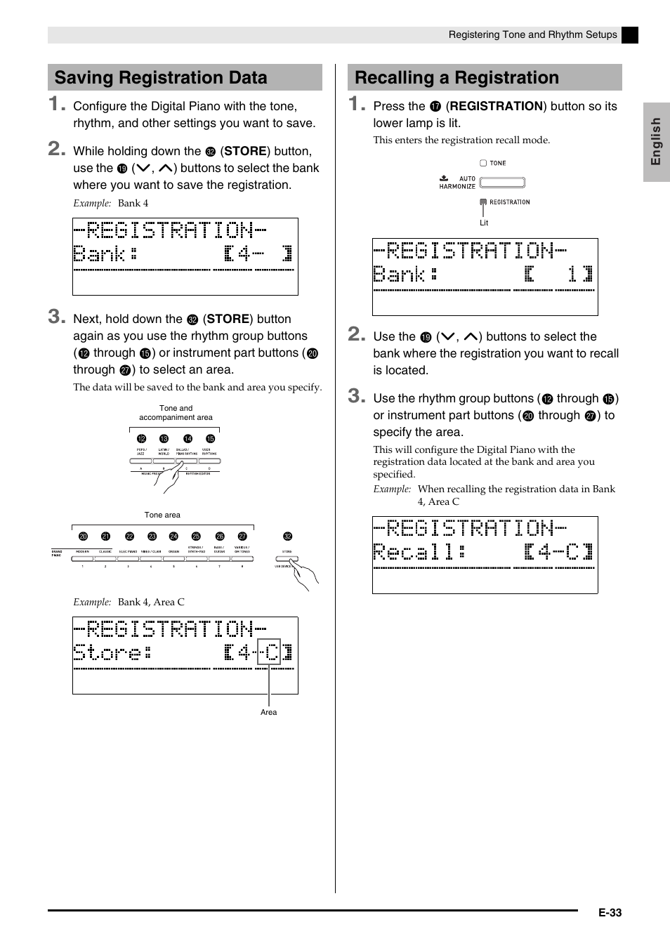 Saving registration data, Recalling a registration | Casio Celviano 6ES1A User Manual | Page 37 / 79