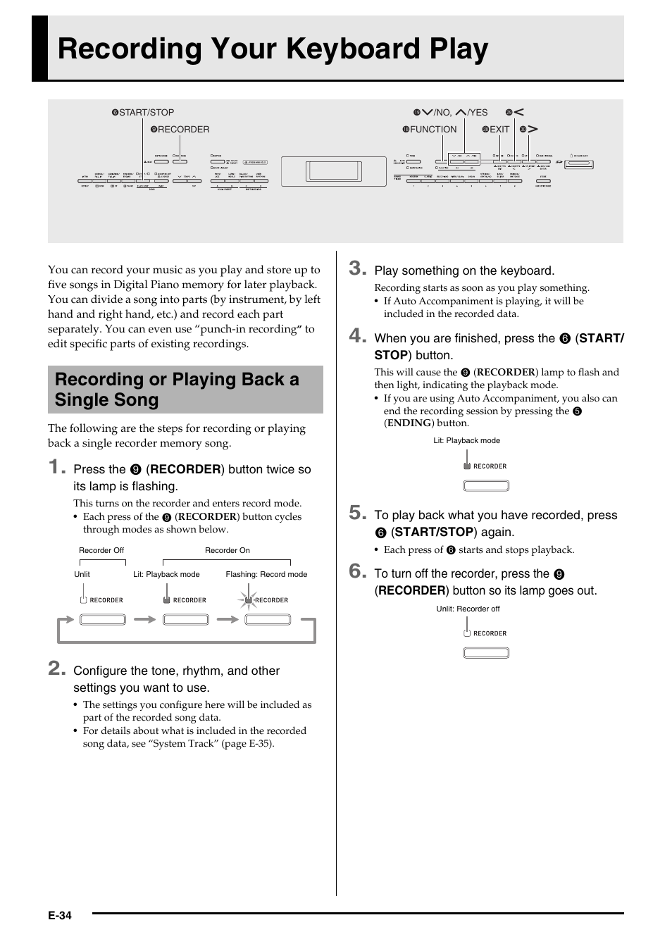 Recording your keyboard play, Recording or playing back a single song | Casio Celviano 6ES1A User Manual | Page 38 / 79